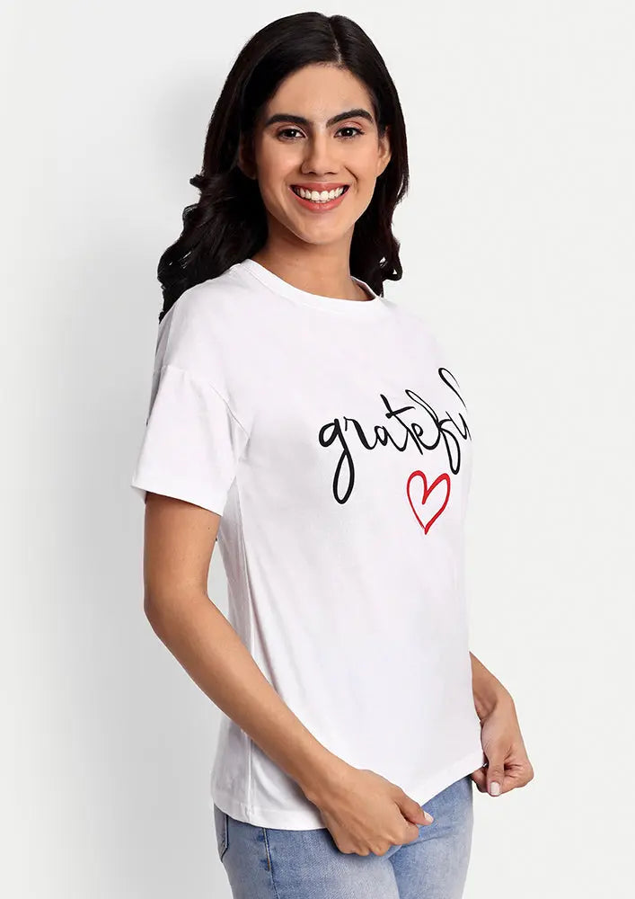 White Grateful Print Short Sleeve T-Shirt IKI CHIC Private Ltd
