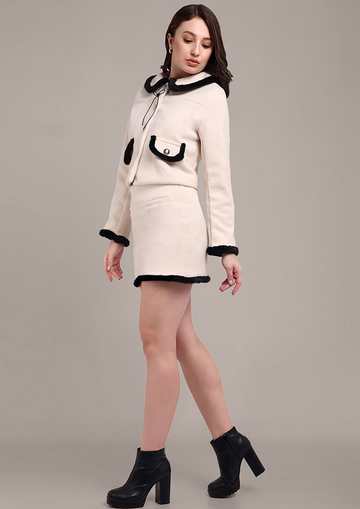 Off-White Blazer Skirt Set with Fur Detailing