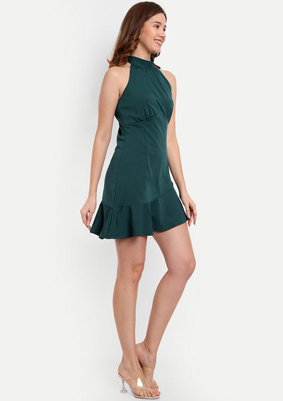 Green Halter Neck Mini Dress With Flared Ruffle Detailing
