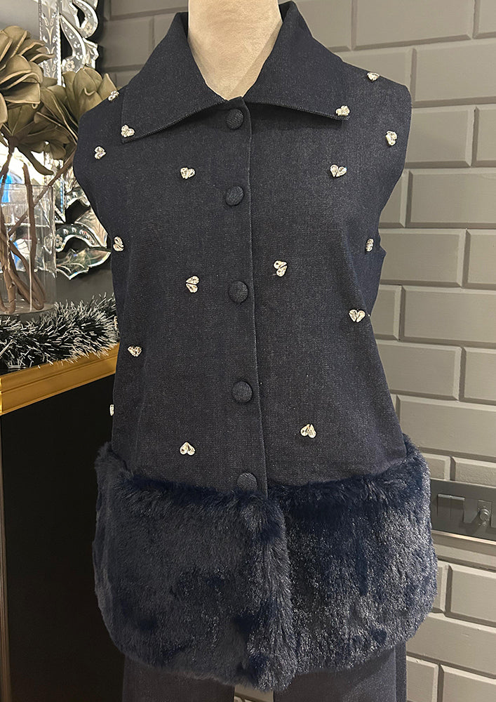 Swarovski-Embellished Denim Vest with Fur