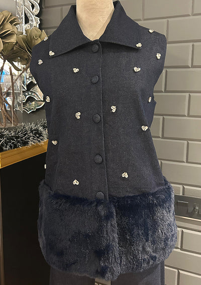 Swarovski-Embellished Denim Vest with Fur