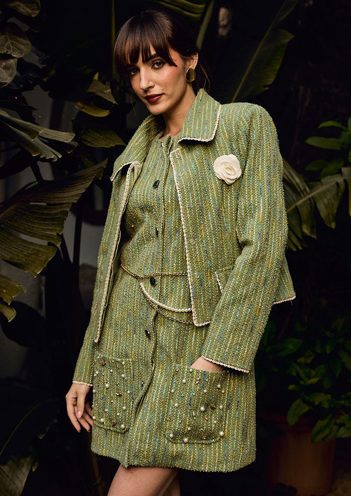 Green Tweed Pearl Lace Detailed Jacket