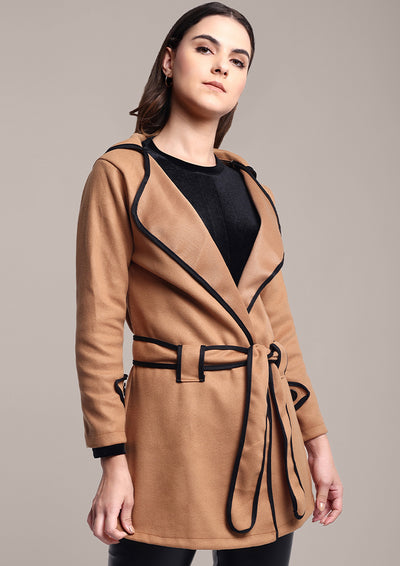 Beige Woolen Over Coat with Black Piping