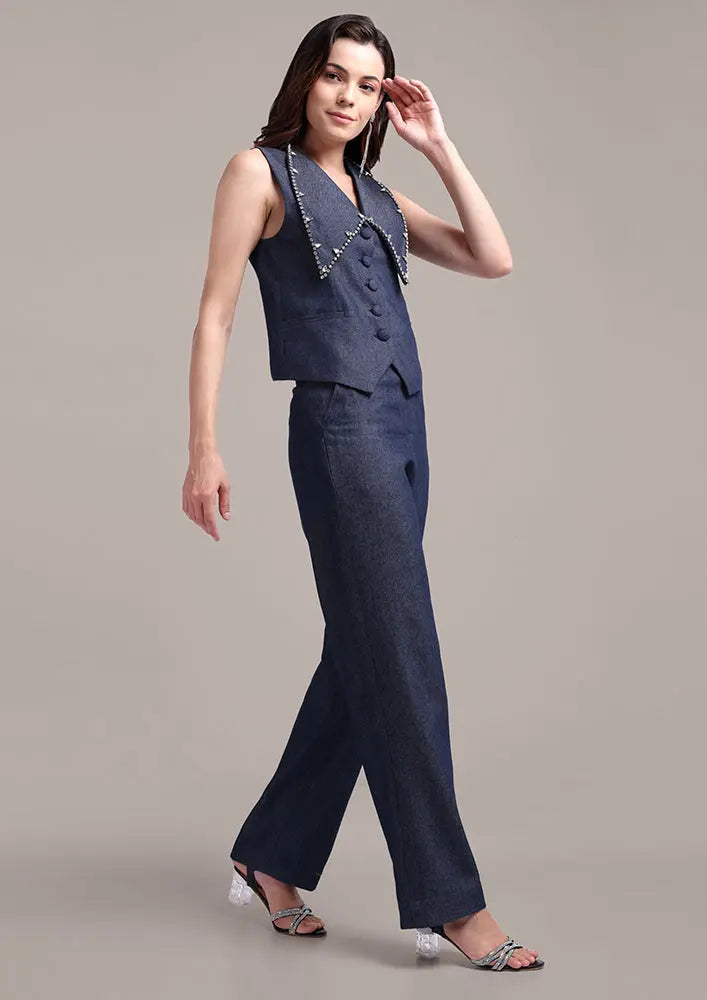 Embellished Lapel Collared Blue Denim Vest With High Waisted Pants Set IKI CHIC Private Ltd
