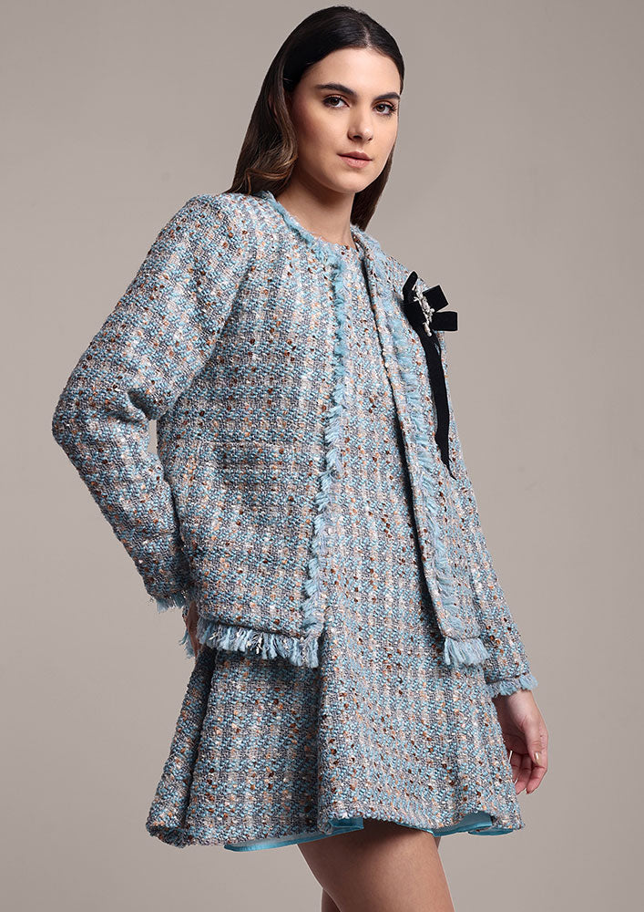 Sky Blue Tweed Dress & Jacket Set with Swarovski Bow Detail