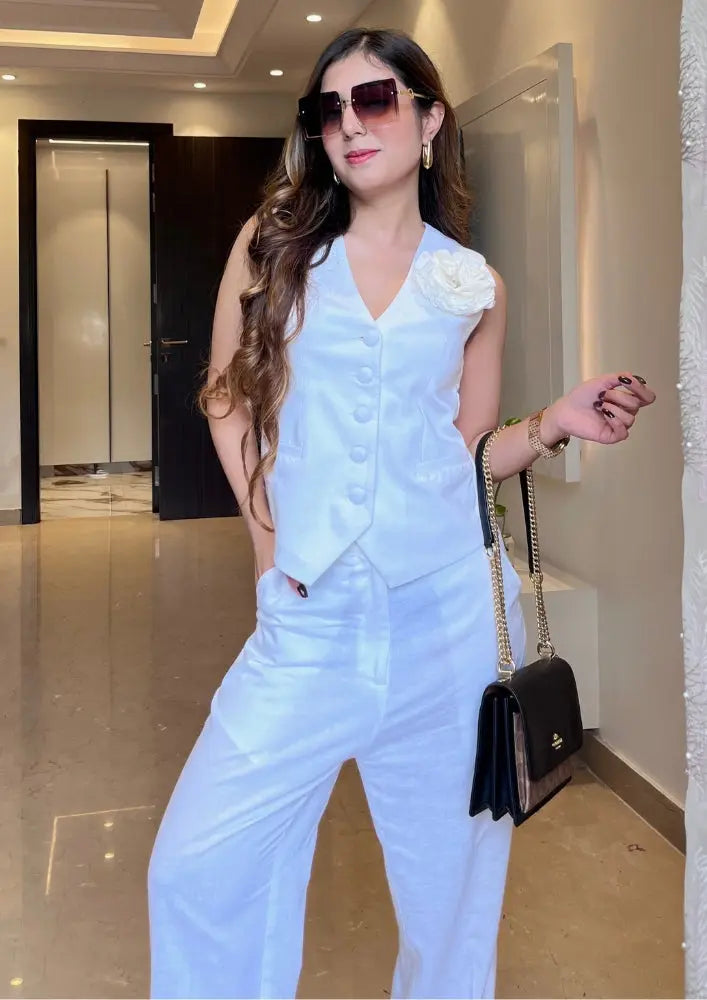 White Sleeveless Front Button-Up Vest With High Waisted Pants IKI CHIC Private Ltd