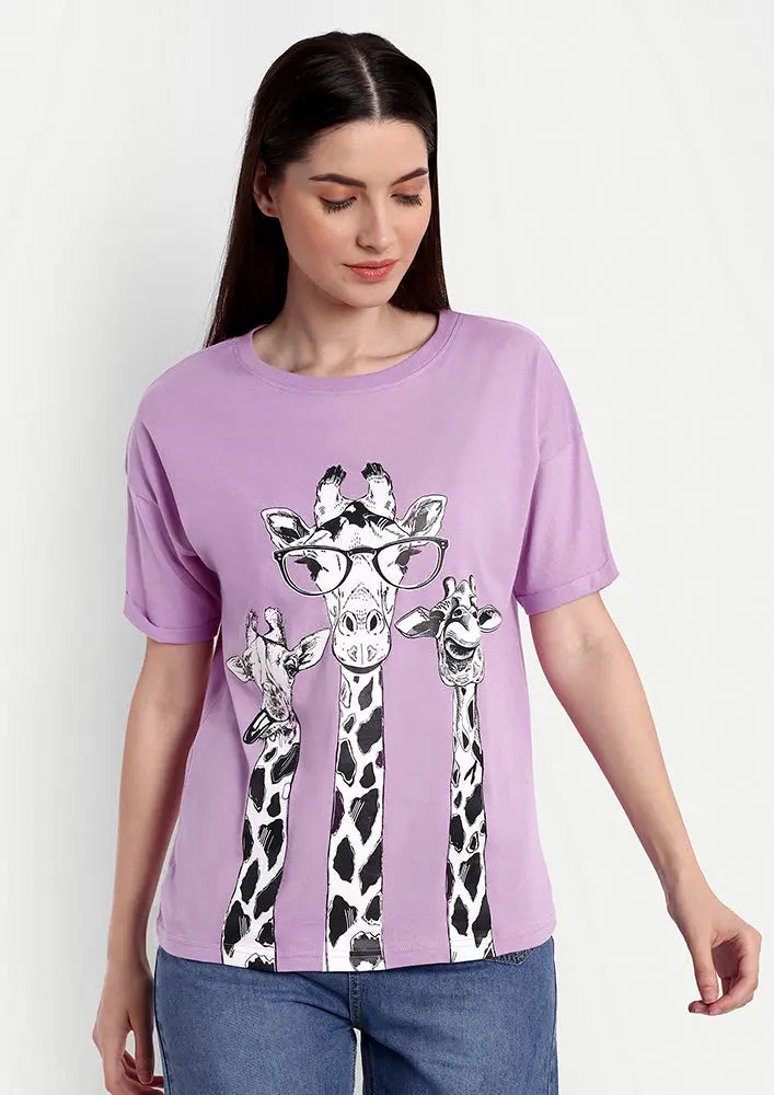 Lavender Giraffe Print Short Sleeve Regular T-Shirt IKI CHIC Private Ltd