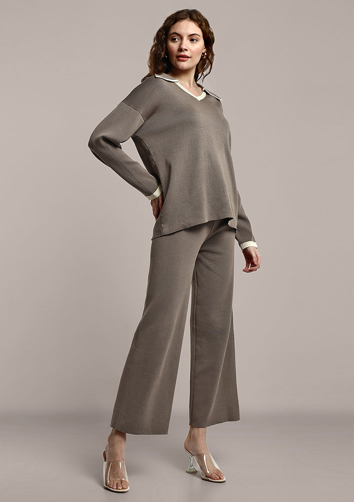 Grey Knitted Sweater And Straight Pants Co-ord Set