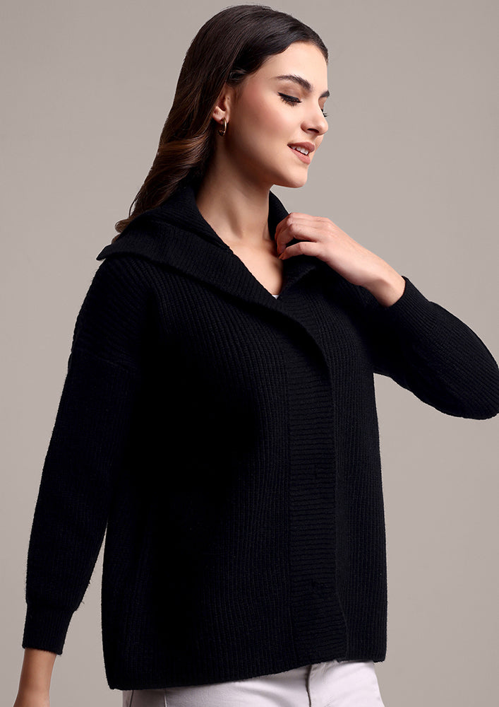 Black Knitted Lapel Collar Cardigan