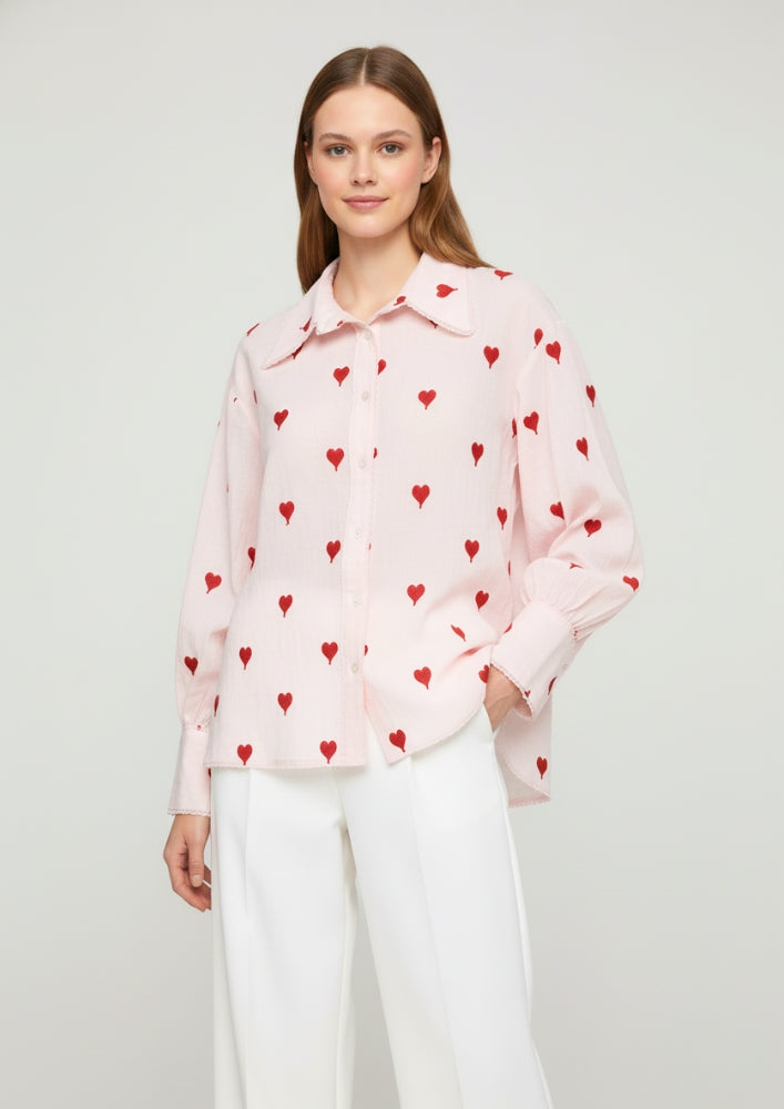 Baby Pink Cotton Shirt with Heart Embroidery
