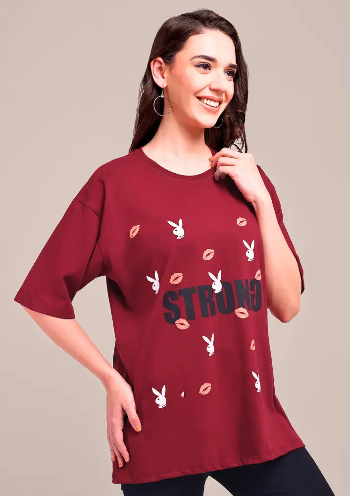 Maroon Oversized Graphic Print T-Shirt IKI CHIC Private Ltd