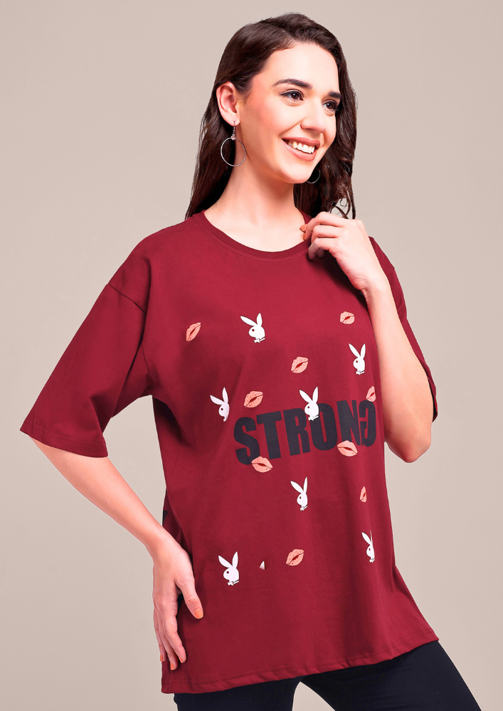 Maroon Oversized Graphic Print T-Shirt