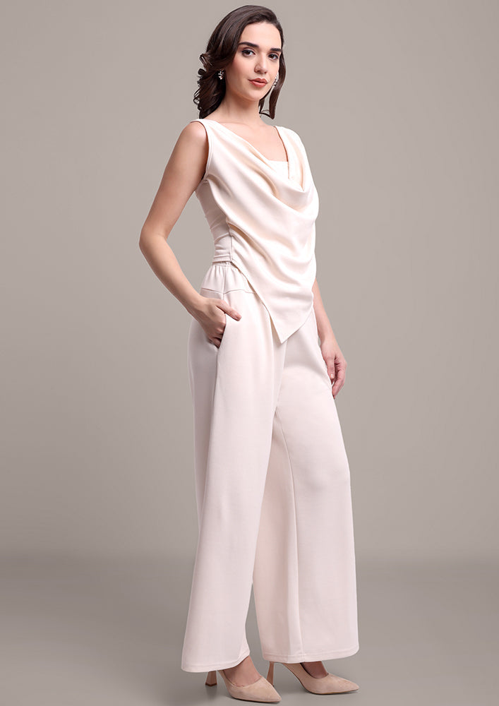 Beige Cowl Neck Top And Pants Co-ord Set IKI CHIC Private Ltd.