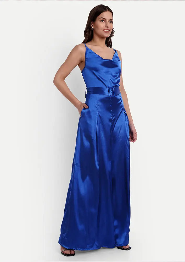 Blue Satin Cowl Neck Strappy Jumpsuit IKI CHIC