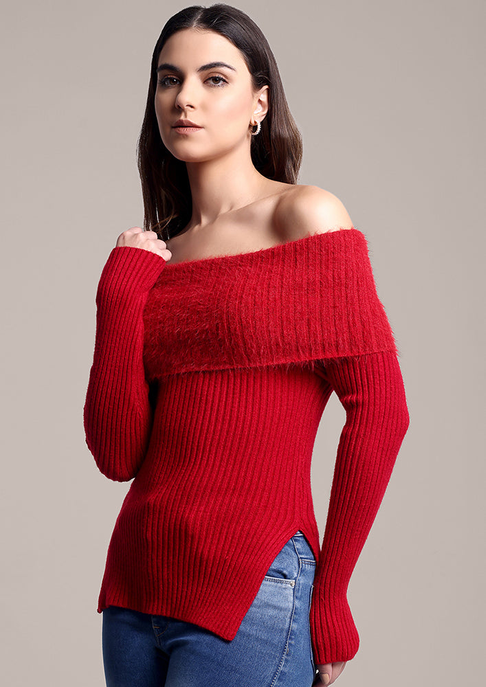 Red Off-Shoulder Sweater with Fur Detail