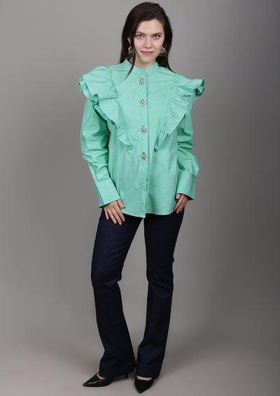 Mint Green Poplin Oversized Shirt with Ruffle Detailing & Embellishments