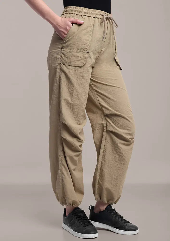 Beige Cargo Pants with Waist and Hem Strings IKI CHIC Private Ltd