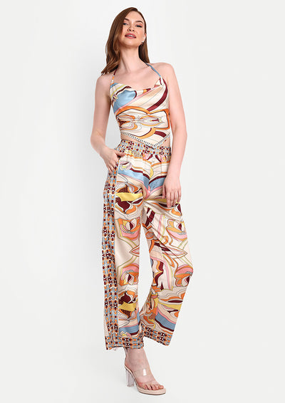 Printed Satin Halter Tie Crop Top And Wide Leg Pants Set