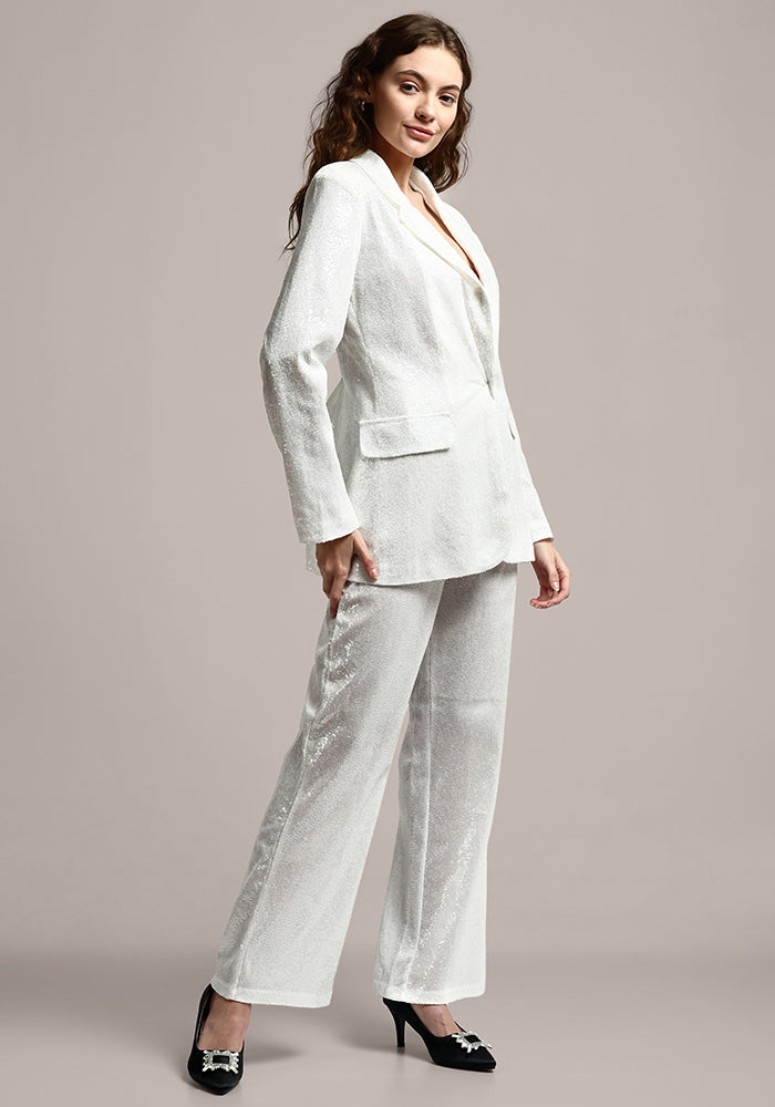 White Sequined V Neck Blazer With Pants Women Suit.