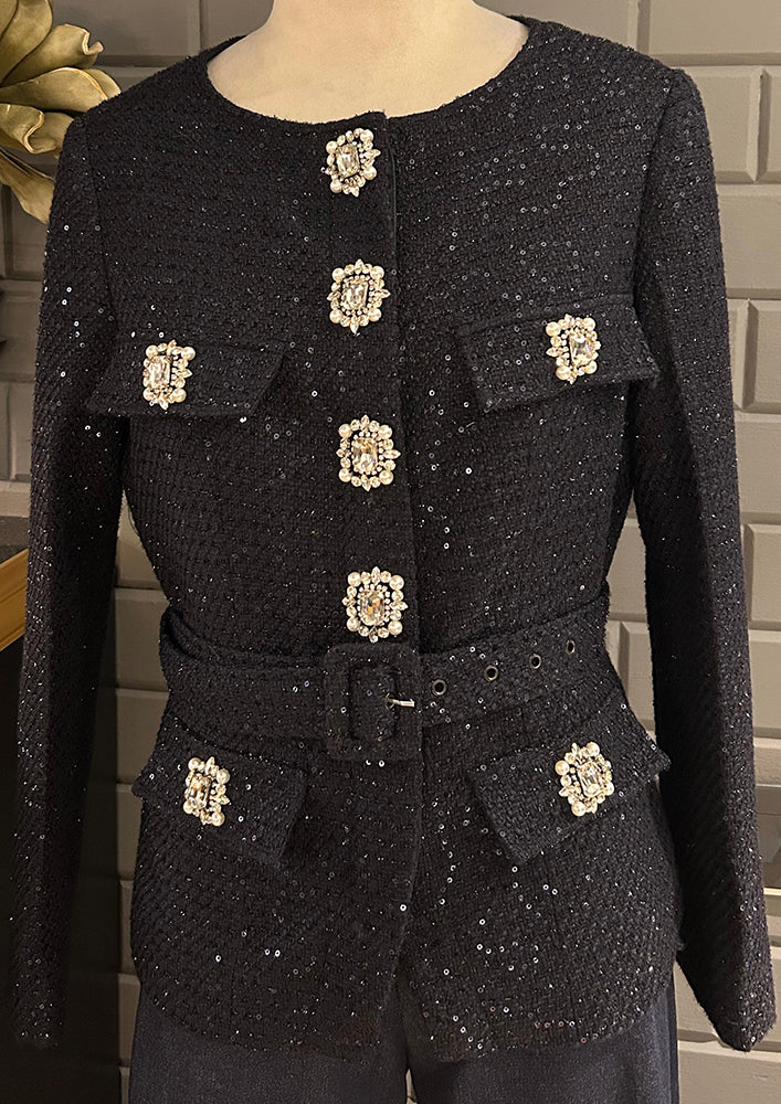 Blue tweed Jacket with swarouski detail show buttons