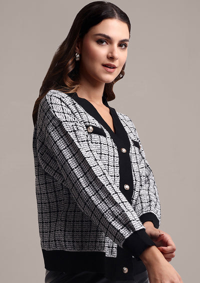 Black And White Check Design Woolen Cardigan