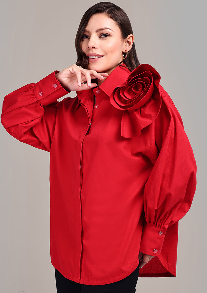 Red Drop Shoulder Shirt With 3D Flower Detail