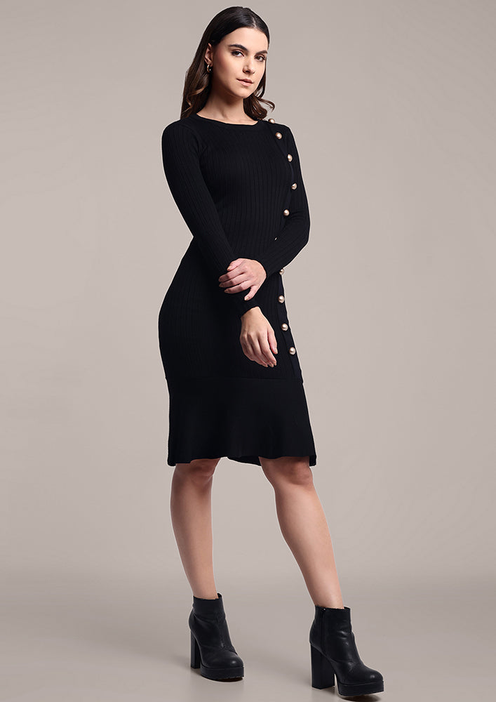 Black Knitted Dress with Side Button Placket