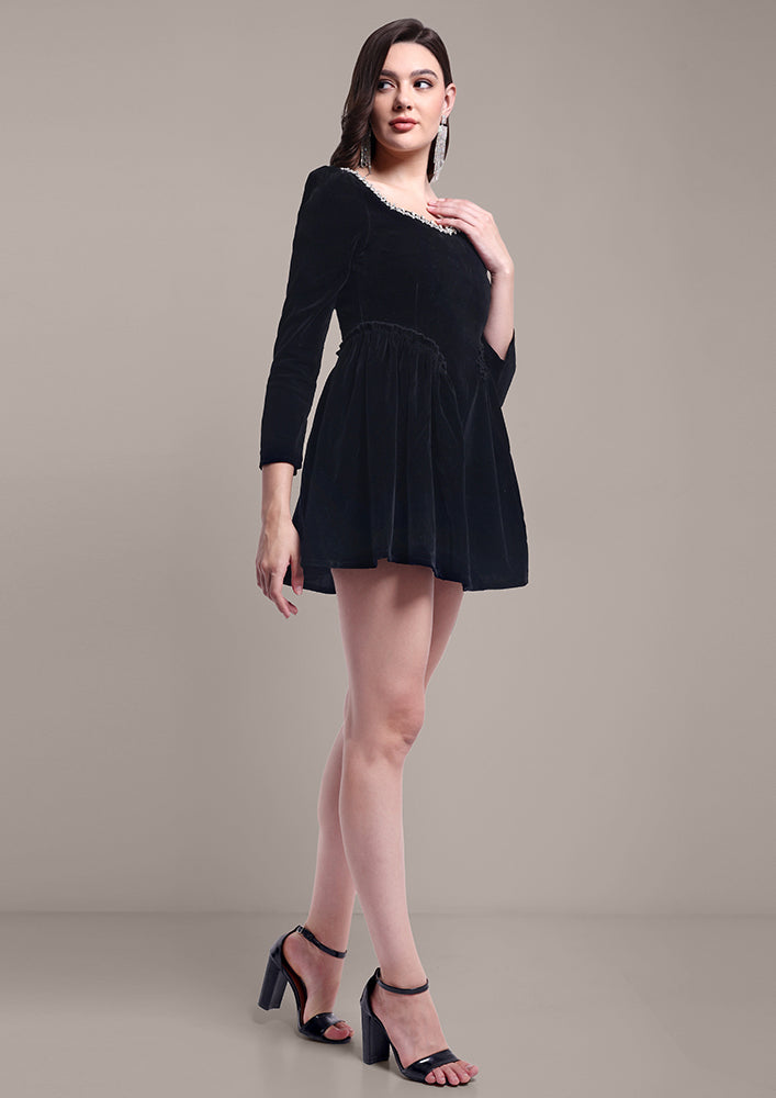 Black Velvet Fit-and-Flare Dress with Embellished Neckline