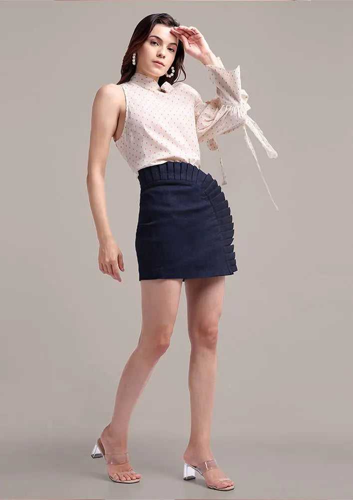 Off White One shoulder Cut Out sleeves Top And Denim Skorts Set IKI CHIC Private Ltd