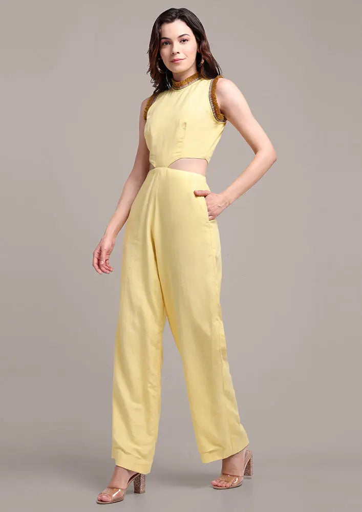 Yellow Halterneck Cut Out Design Sleeveless Linen Jumpsuit IKI CHIC Private Ltd