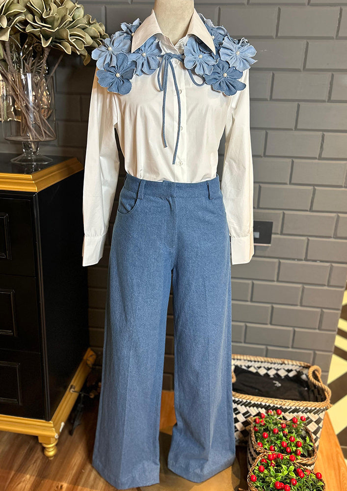 White Poplin Shirt with 3D Floral Collar IKI CHIC Private Ltd