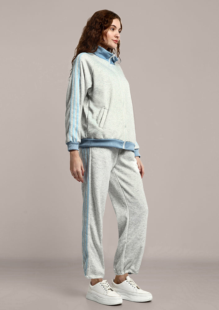 Grey Sweat Jacket and Sweat Pants Set with Side Stripes details
