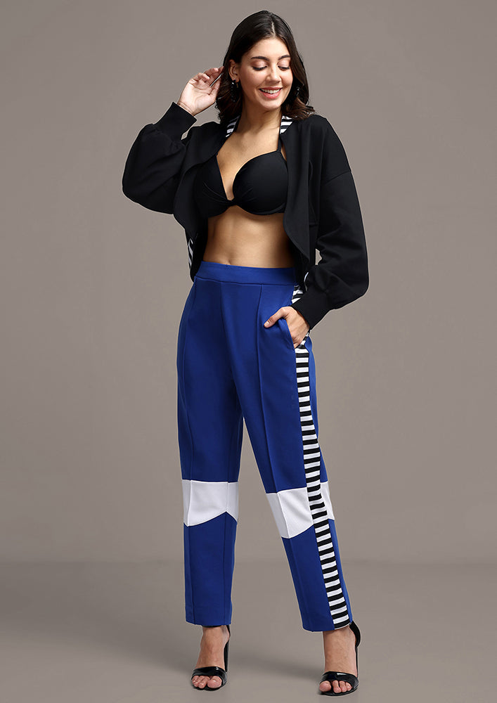 Black Short Jacket And Blue High Waisted Pants Set With Stripe Detail