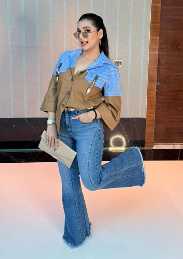 Blue Stripe & Brown Dual-Tone Shirt with Straps