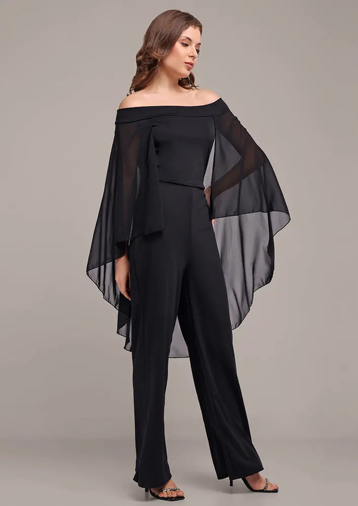 Black drape off-shoulder jumpsuit IKI CHIC Private Ltd