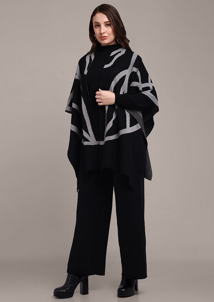 Black Long Sleeve Top With Kaftan Shrug And Pants Set