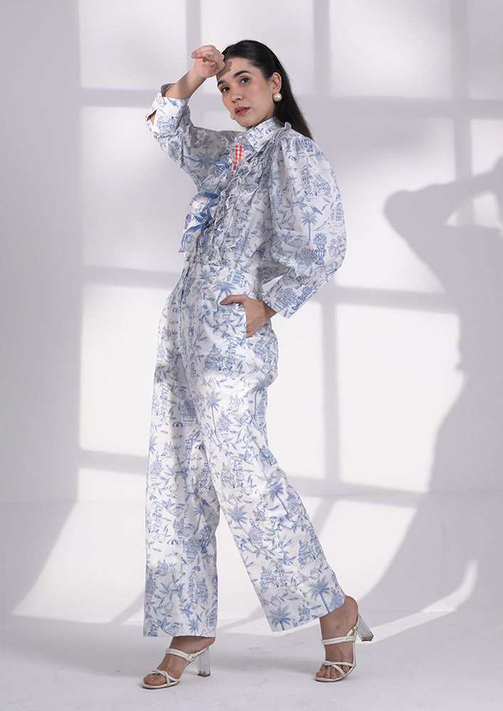 Blue printed ruffle shirt with bows and loose pant IKI CHIC Private Ltd.