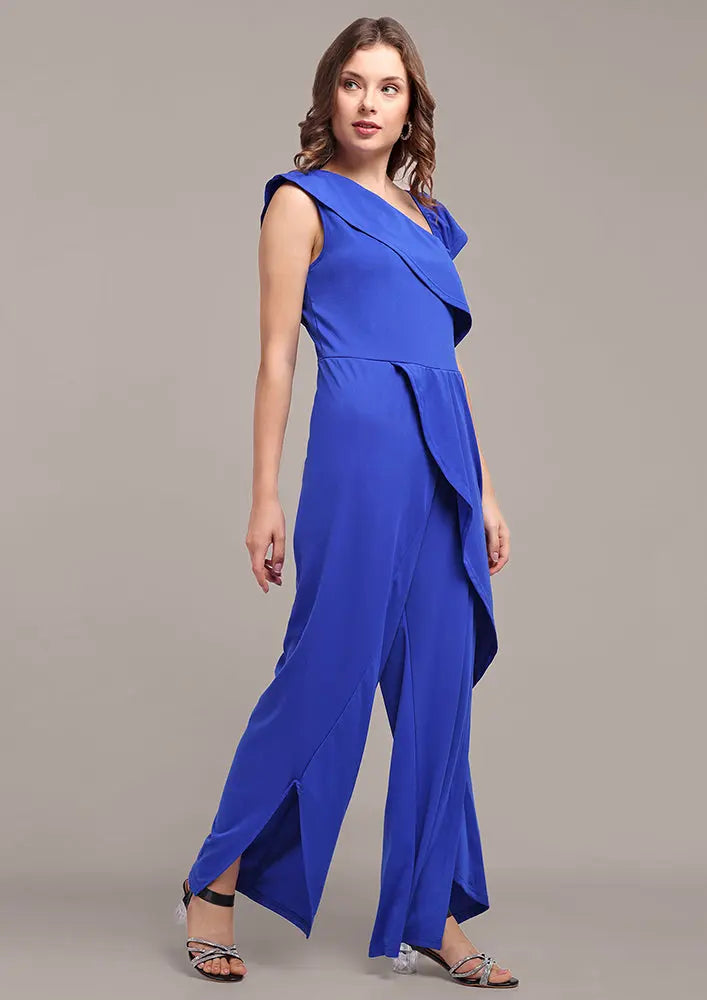 Navy blue one-side ruffle wide-leg jumpsuit IKI CHIC Private Ltd