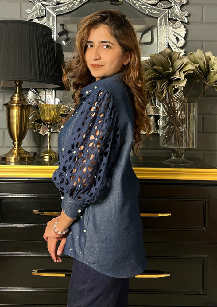 Denim Shirt with Cutwork Sleeves and Pearl Work IKI CHIC Private Ltd.