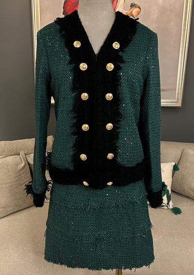 Green Tweed Jacket with A line skirt Set