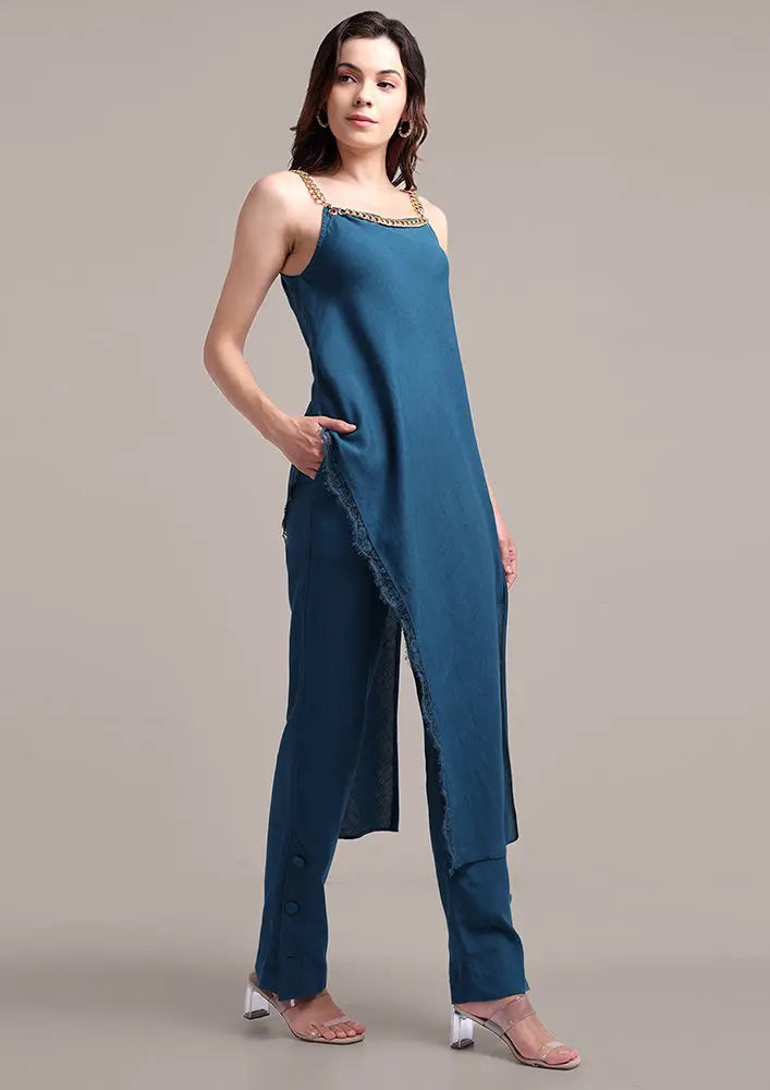 Teal Blue Asymmetric Chain Strapped Top With High Waisted Pants IKI CHIC Private Ltd