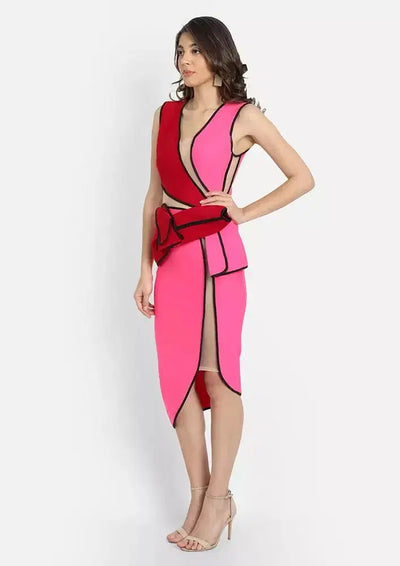 Colorblock V-neck Bow Waist Detail Bodycon Dress IKI CHIC Private Ltd.
