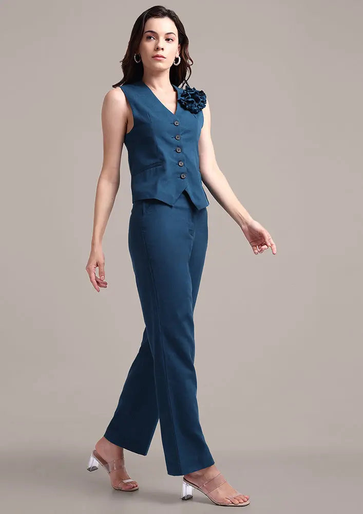 Teal Blue Sleeveless Front Button-Up Vest With High Waisted Pants IKI CHIC Private Ltd