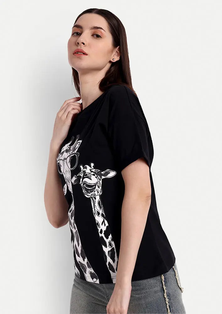 Black Giraffe Print Short Sleeve Regular T-Shirt IKI CHIC Private Ltd