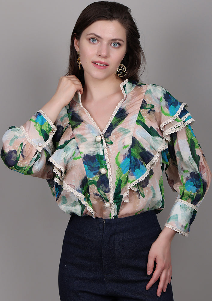Beige printed chiffon ruffle shirt with lace and pearl buttons