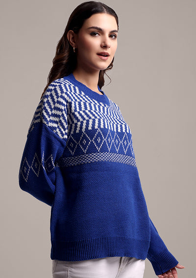 Blue Round Neck Oversized Knitted Sweater