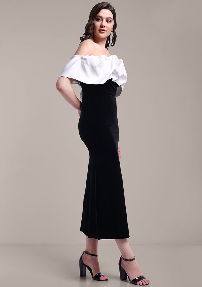 Black Velvet Off-Shoulder Bodycon Maxi Dress