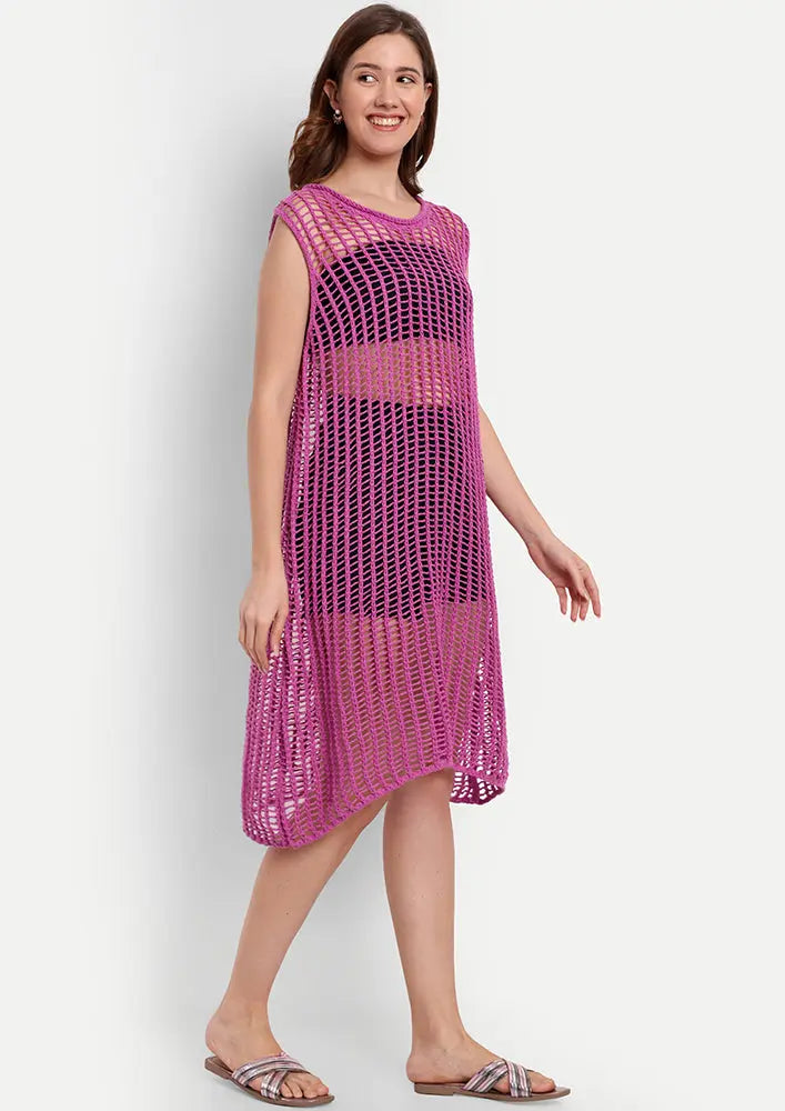 Purple Crochet Beach Coverup With A Boat Neckline And Sleeveless Design IKI CHIC Private Ltd