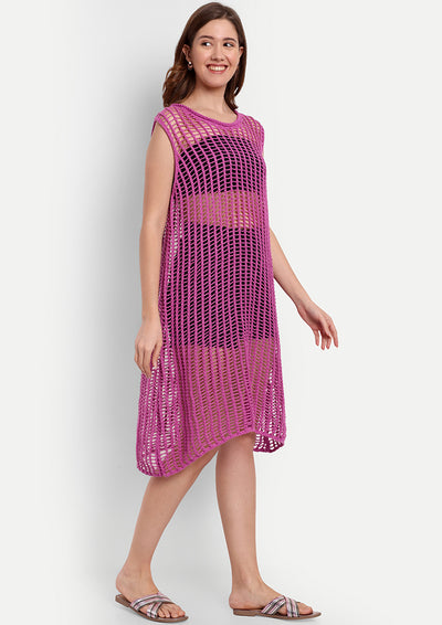 Purple Crochet Beach Coverup With A Boat Neckline And Sleeveless Design