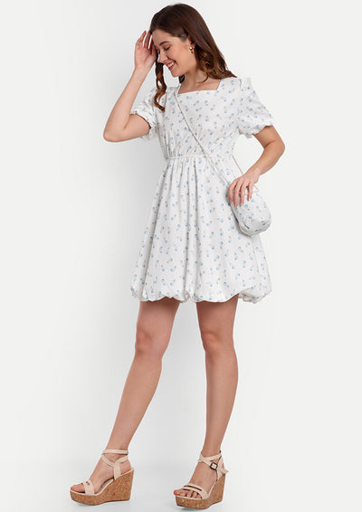 White Floral Printed Skater Dress With Short Puff Sleeves